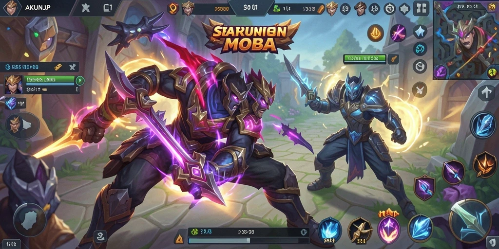 Tampilan gameplay seru dari AKUNJP dengan strategi MOBA.