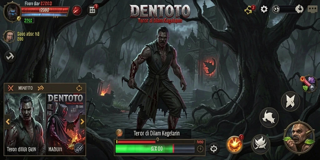 Tampilan gameplay menegangkan di dalam DENTOTO saat menjelajahi kegelapan.
