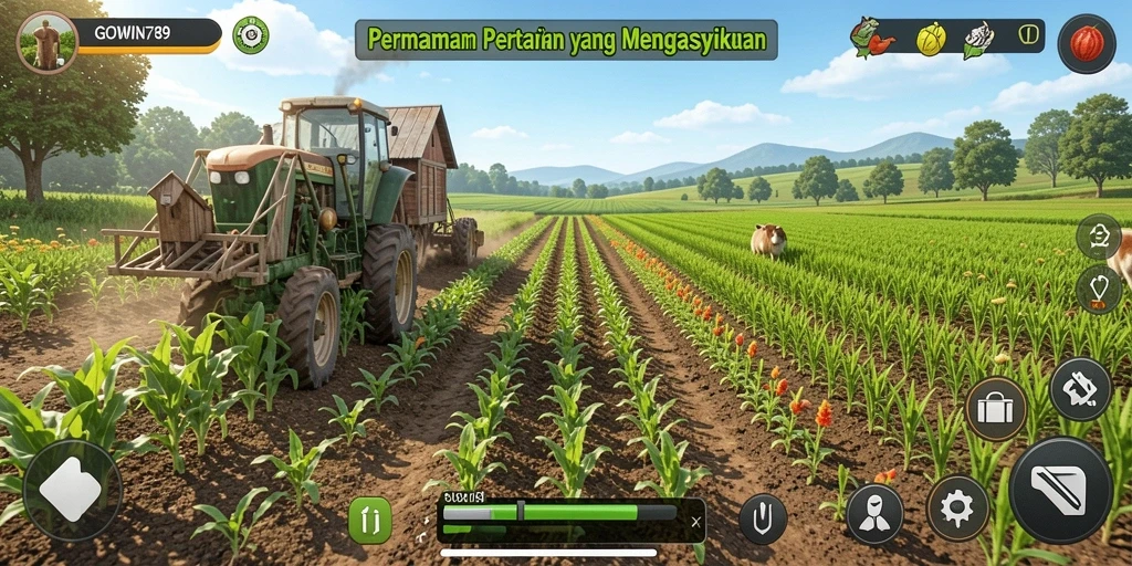 Tangkapan layar GOWIN789 menunjukkan ladang yang subur dan aktivitas bertani yang seru.