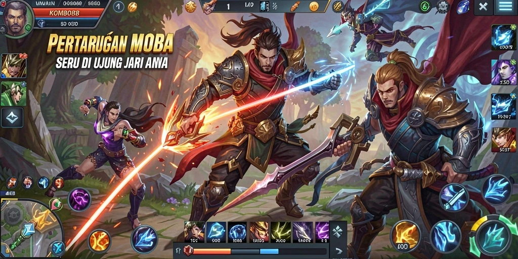 Tampilan gameplay seru dalam arena pertempuran MOBA.